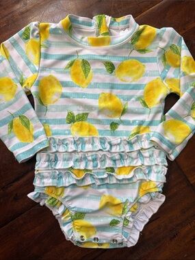 Lemon Stripe Ruffle Long-Sleeve Baby Swimsuit